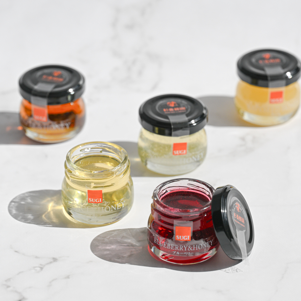 Honey Selection (30g / jar) × 5 jars (Yuzu & Honey, Blueberry & Honey, Maple & Honey, Acacia Honey - Made in Hungary, Rapeseed Honey - Made in Canada)