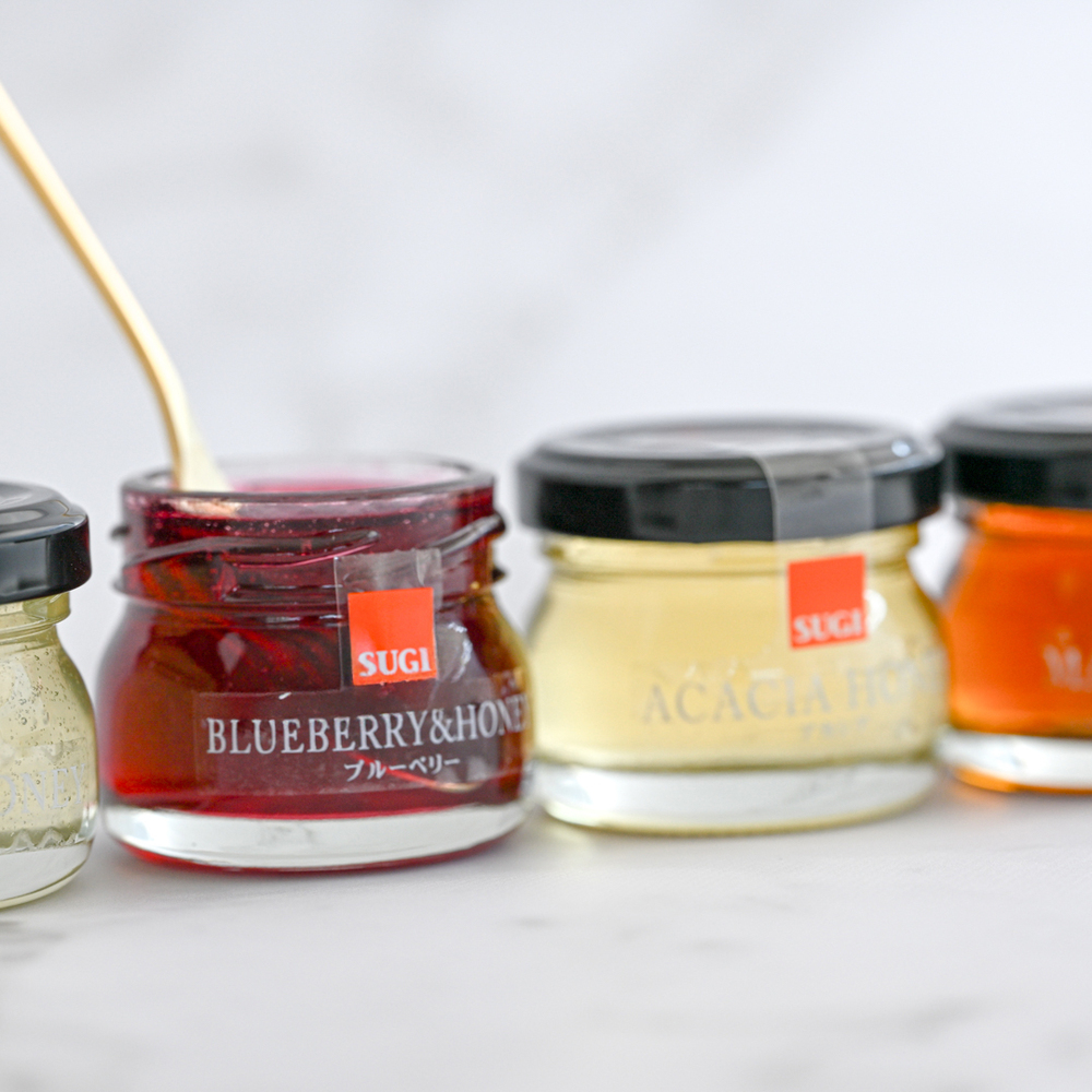 Honey Selection (30g / jar) × 5 jars (Yuzu & Honey, Blueberry & Honey, Maple & Honey, Acacia Honey - Made in Hungary, Rapeseed Honey - Made in Canada)