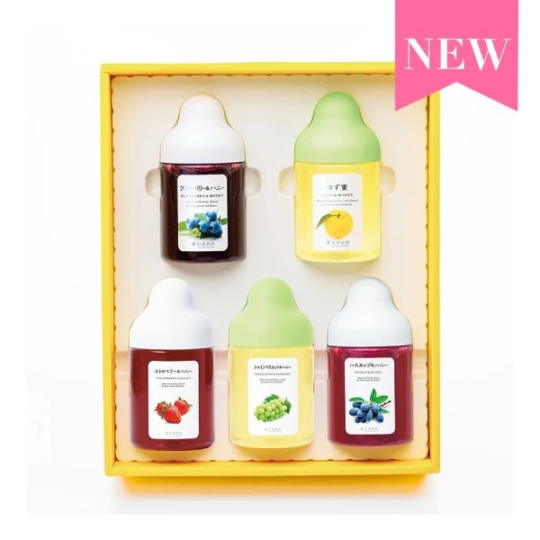 Fruit Juice Infused Honey 5-bottle gift set (blueberry, Yuzu & Honey, strawberry, Shine Muscat, haskap) ISH5P