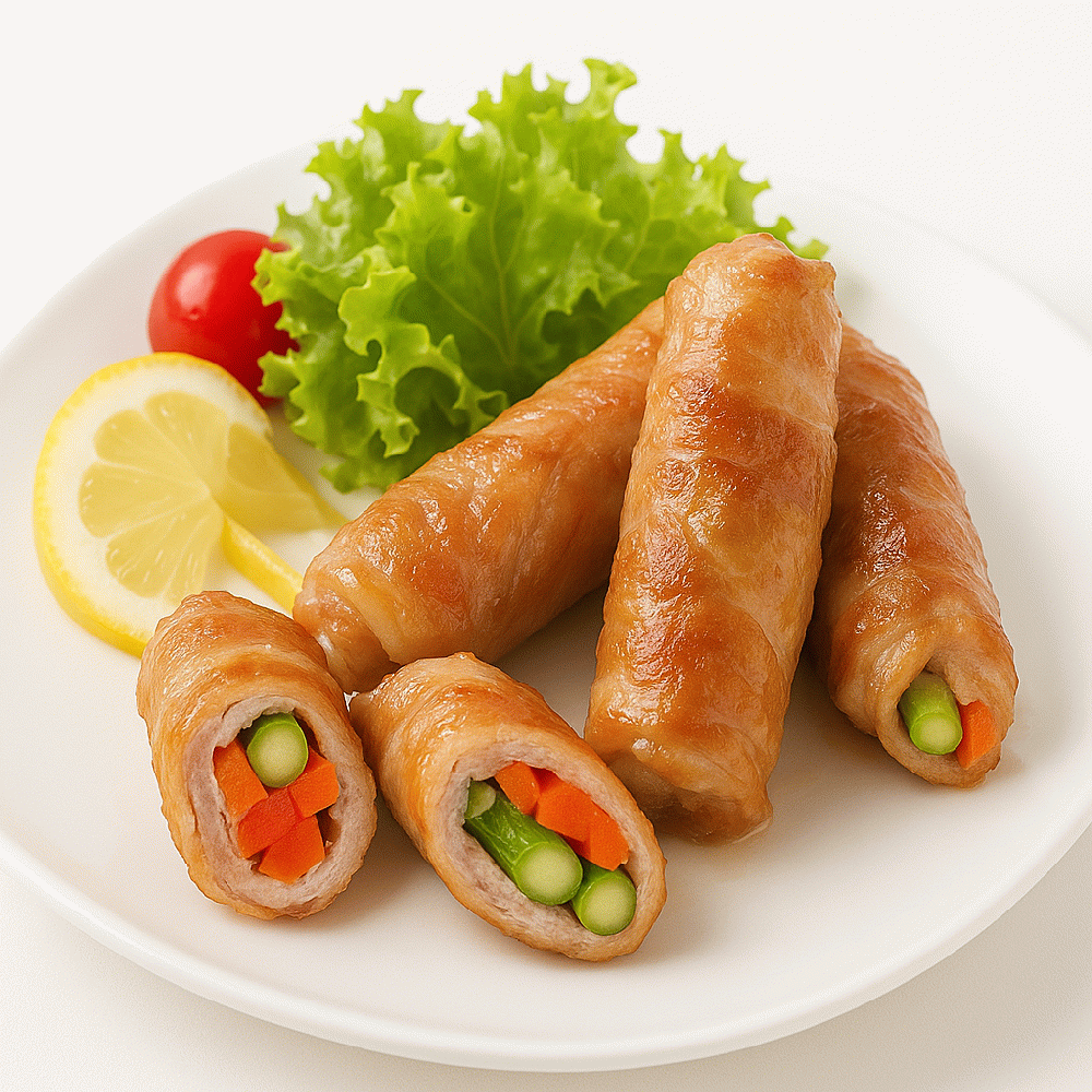 Spring vegetable pork belly rolls with Apple Vinegar vinegar sauce