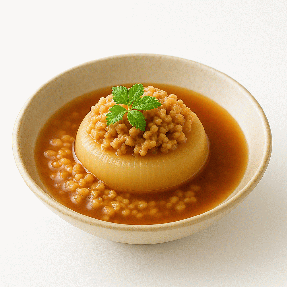 Steamed radish with honey and minced chicken in a thick sauce