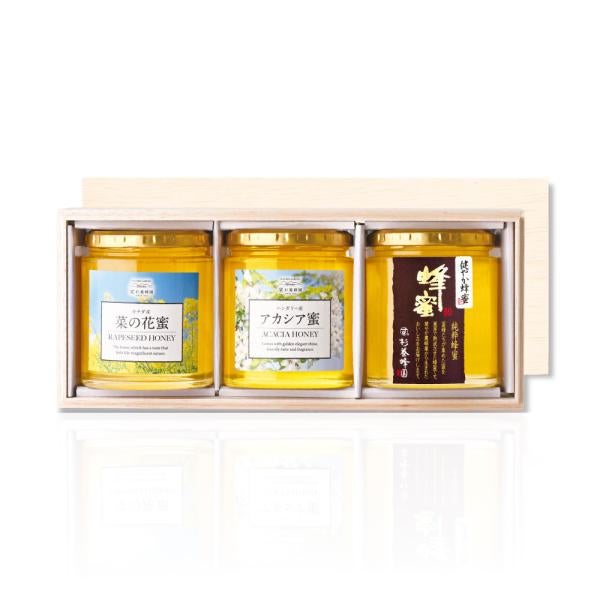 [Gift Set] Rapeseed Honey (500g/jar) x 1 + Acacia Honey (500g/jar) x 1 + SUGI BEE GARDEN Blend Honey (500g/jar) x 1 (wooden box) KWA2H500