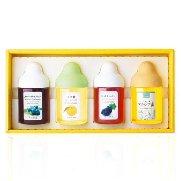 [Gift Set] Fruit Juice & Honey (300g) × 3 bottles (Yuzu, Blueberry, Kyoho Grape), plus Acacia Honey- Made in Hungary (300g/poly) ×1 bottle GWA4P