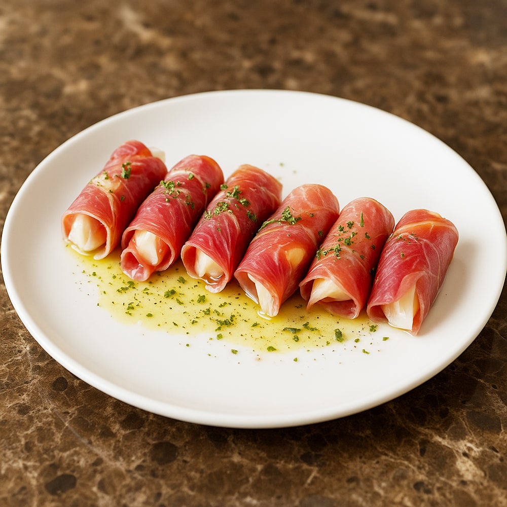 Prosciutto-wrapped Asian pear (or peach) with mascarpone, drizzled with honey.