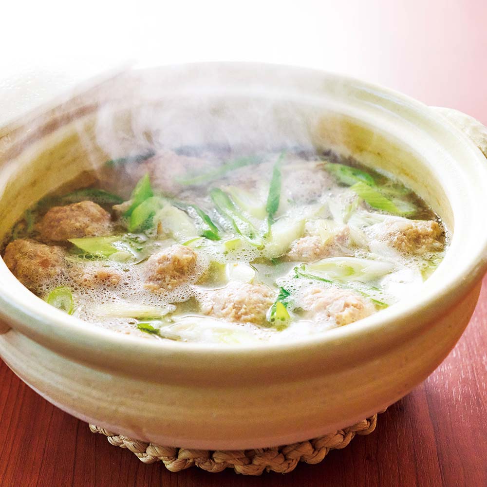 Chicken meatballs and burdock root in miso ginger hotpot